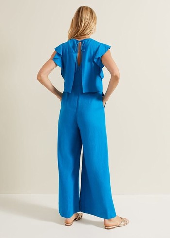 Phase Eight Aubrey Blue Linen Frill Jumpsuit Blue Australia | UL7413856